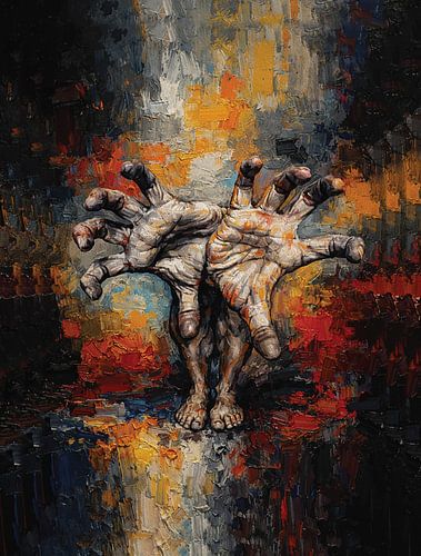 Stoutmoedig opkomende handen uit voeten Surrealistisch expressief olieverfportret