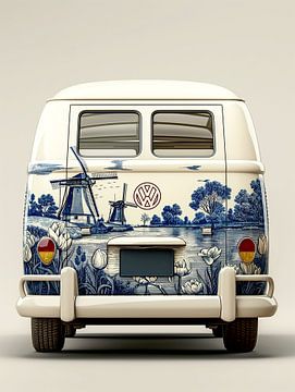 achterkant van een volkswagen busje met delfts blauwe opdruk van Margriet Hulsker