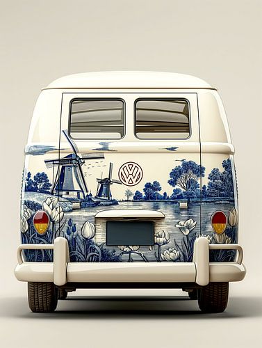 back of a volkswagen van with delft blue print