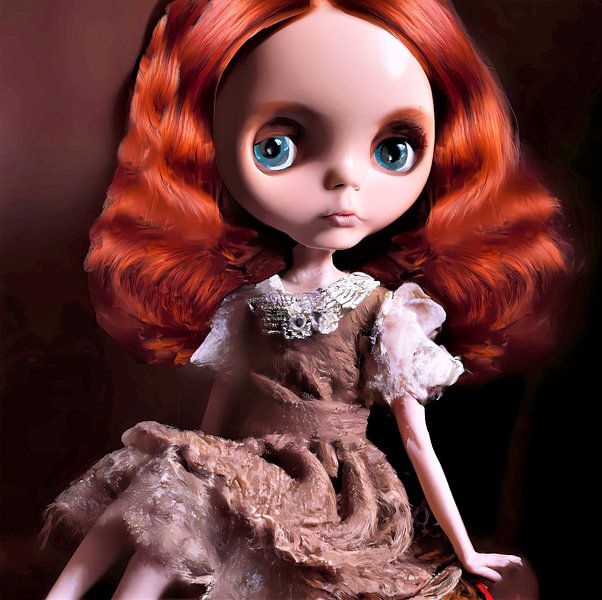 Porträt einer Puppe mit roten Haaren, blauen Augen und einem schönen Kleid auf low key von Maud De Vries