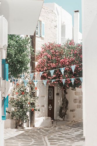 Grieks straatje met bougainvillea en vlaggetjes | fine art fotoprint