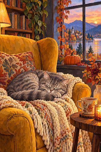 Katze im Ohrensessel – Herbstabend am See
