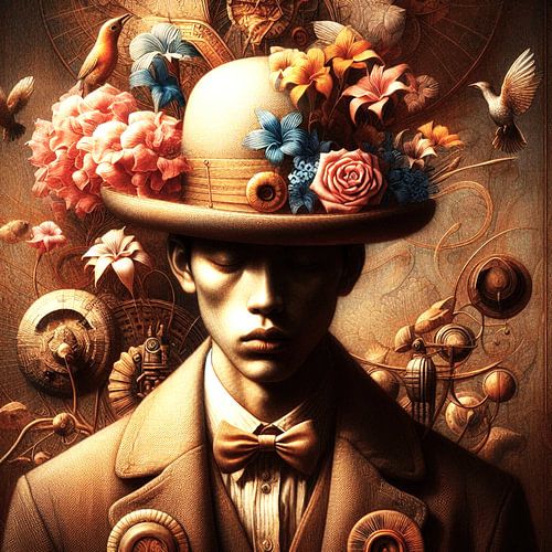 portret van een man met een hoed en bloemen