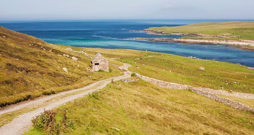 Verlaten weg naar de oceaan, Shetland eilanden, Schotland van Sebastian Rollé - travel, nature & landscape photography