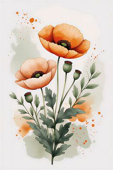 Minimalist Orange Poppy Watercolor Botanical Art Print