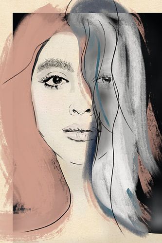 Fashionista II - Portret van een vrouw, lijntekening en mixed media