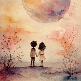 Zwei Kinder unter rosa Planet - verträumte Malerei von Peter Pen Zeichnungen und Gemälde