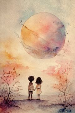 Two Children under Pink Planet - Dreamy Painting by Peter Pen Drawings and Paintings