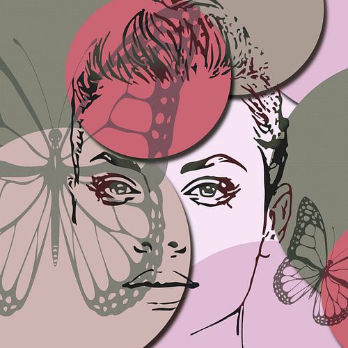 square portrait of a woman and butterflies