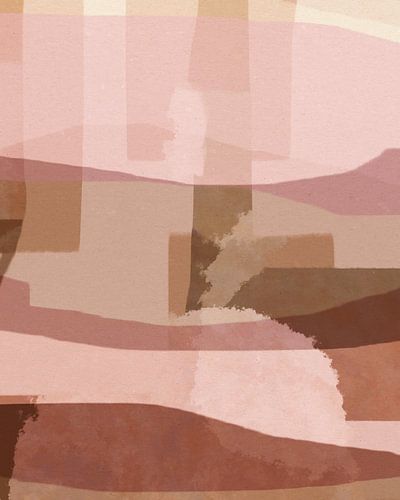 Abstracte organische vormen en lijnen. Landschap in roze, terra, bruin.