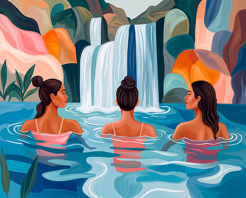 Three women by the waterfall