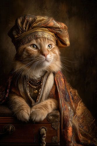 Oosterse Kat met Tulband - Mysterieus Schilderij