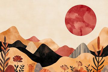 Mountain landscape with red sun and flora by Poster Art Shop
