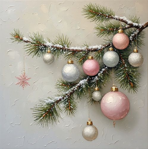 Een schilderachtig kerstsfeer dennentak met pastel kerstballen sneeuw.
