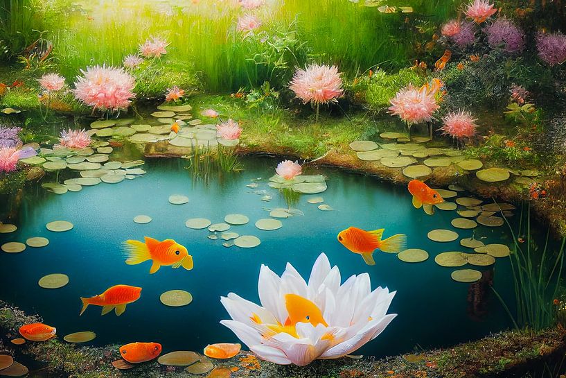 Illustration d'un étang de jardin japonais avec des poissons rouges par Animaflora PicsStock