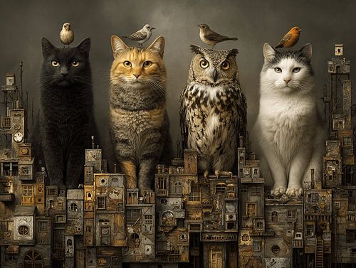 The Four Guardians of the Miniature City | Cat Kings and Owl Wisdom Above the Rooftops