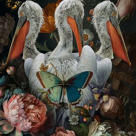 3 pelicans with butterflies and flowers by Joey Hohage