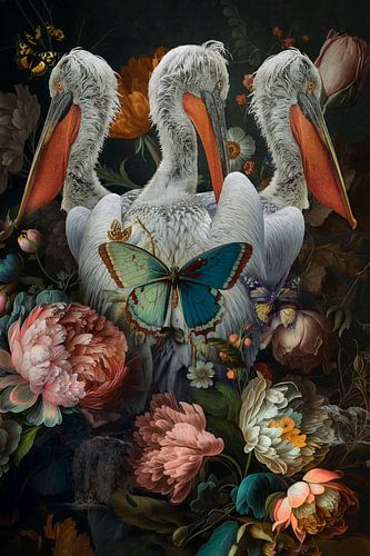 3 pelicans with butterflies and flowers by Joey Hohage