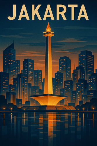 Jakarta Cityscape Vintage Poster – Monas Monument & Modern Skyline Art