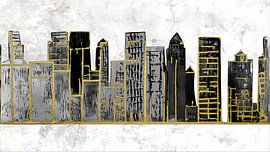 A modern, abstract skyline of skyscrapers in grey and black with gold accents