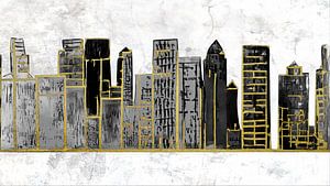 Moderne, abstrakte Skyline aus Wolkenkratzern in Grau und Schwarz mit goldenen Akzenten