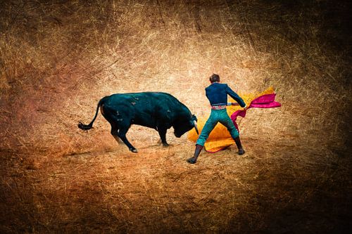 Multiple exposure on brown background bullfight with matador and bull