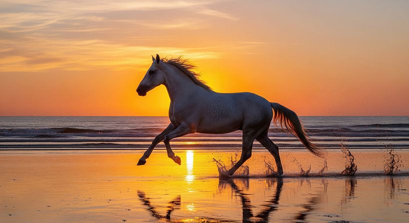 Wit paard op strand bij zonsondergang van Markus Gann