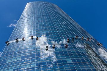 Glasswashers hang from rope as they scrub the windows of a glass skyscraper in Buenos Aires by Wout Kok