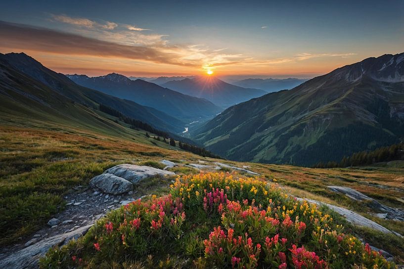 Schöne Berglandschaft bei Sonnenuntergang von Art & Soul Creations