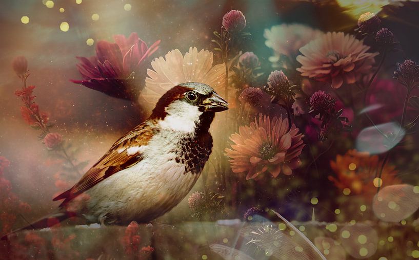 Mélange de fleurs et moineau domestique par Saranda Foto Art