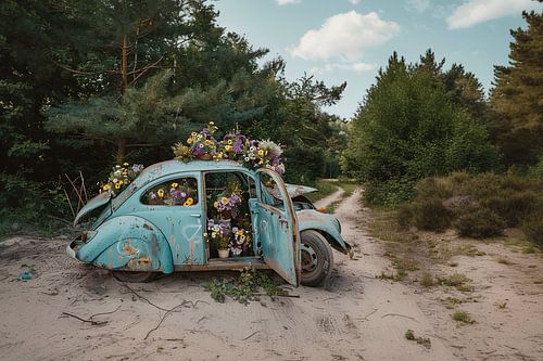 A Pastel Blue Beetle enveloped in a Sea of Flowers