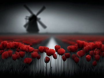Silent Fields | Red Tulips for Windmill in Mist