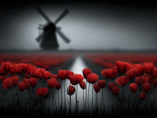 Silent Fields | Tulipes rouges devant un moulin à vent dans la brume