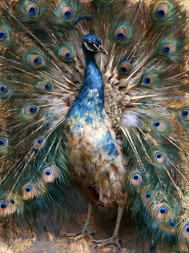 Pfau mit ausgebreiteten blauen Federn