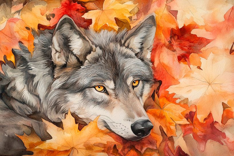 Wolf ruht sanft im Herbstlaub von Poster Art Shop