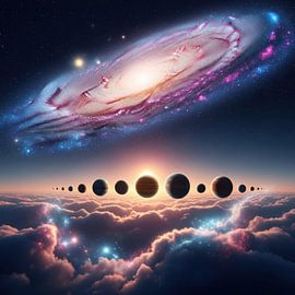 Een kosmische dageraad waar sterrenstelsels oprijzen als stralende zonnen.