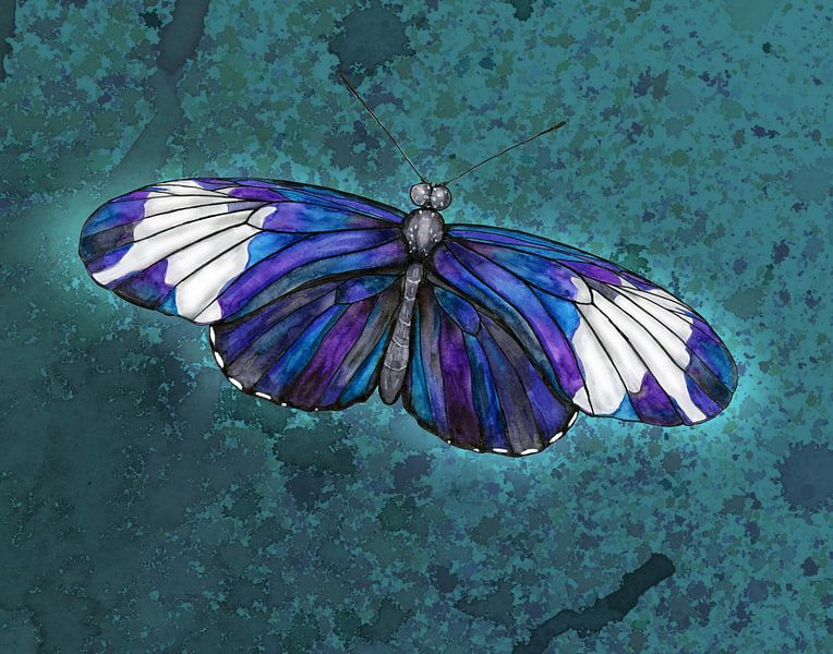 Blauwe passievlinder aquarel van Bianca Wisseloo