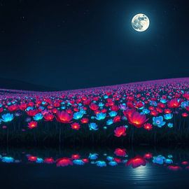 Ein Mittsommernachtstraum: Ein leuchtendes Feld biolumineszierender Blumen bei Vollmond von Artistic