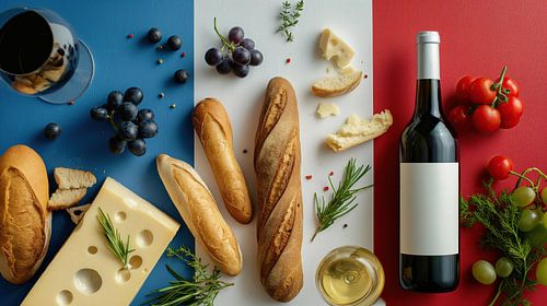 Franse specialiteiten met wijn, stokbrood en kaas
