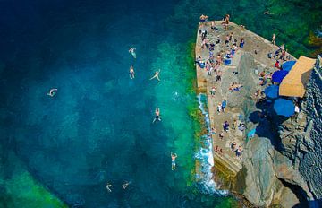 Zwemmen  van boven, Cinque Terre (Italië) van Nick Hartemink