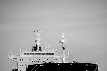 Vrachtschepen aan de horizon in Amsterdam Noord. van scheepskijkerhavenfotografie