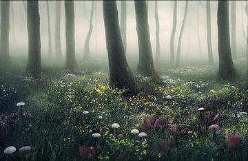 Forêt de contes de fées Peinture Art avec brouillard, illustration sur Animaflora PicsStock