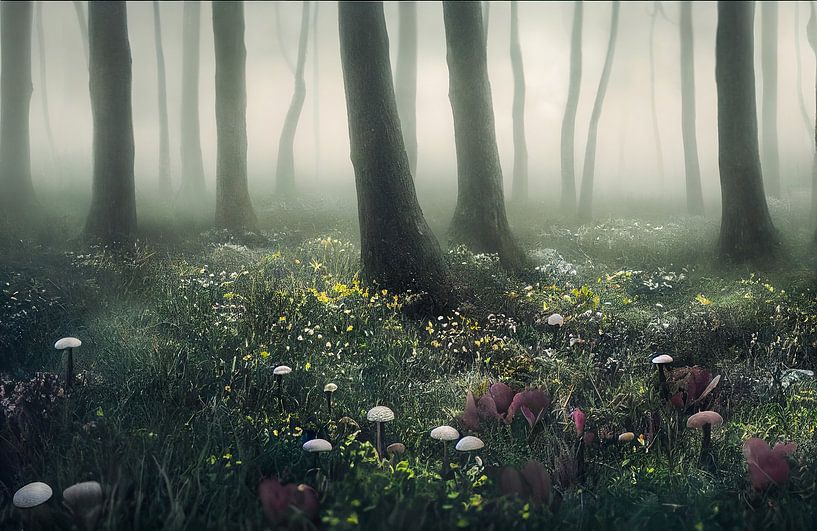Märchenwald Gemälde Kunst mit Nebel, Illustration von Animaflora PicsStock