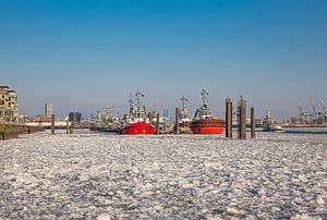 Hamburg - Sleepboten bij de pier in de winter van Sabine Wagner