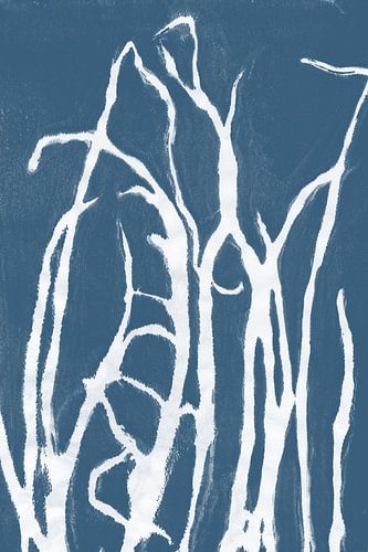 Weißes Gras im Retro-Stil. Moderne botanische minimalistische Kunst in weiß auf blau.
