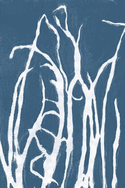 White grass  in retro style. Modern botanical minimalist art in white on blue. by Dina Dankers