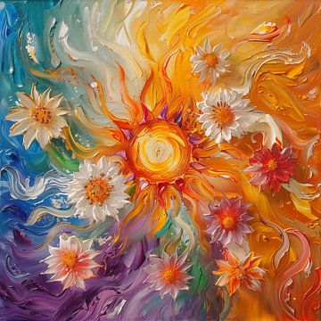 Zon en bloemen oranje-paars abstract van TheXclusive Art