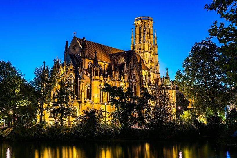 Germany, Stuttgart Feuersee downtown cathedral at lake water by night by adventure-photos
