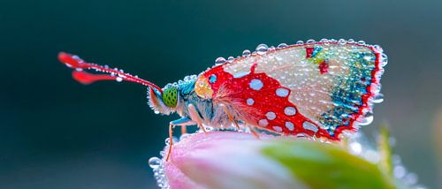 Kleurrijke vlinder in de ochtenddauw