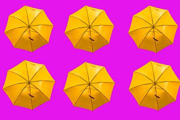 Yellow umbrella's on pink by Patricia Hofmeester